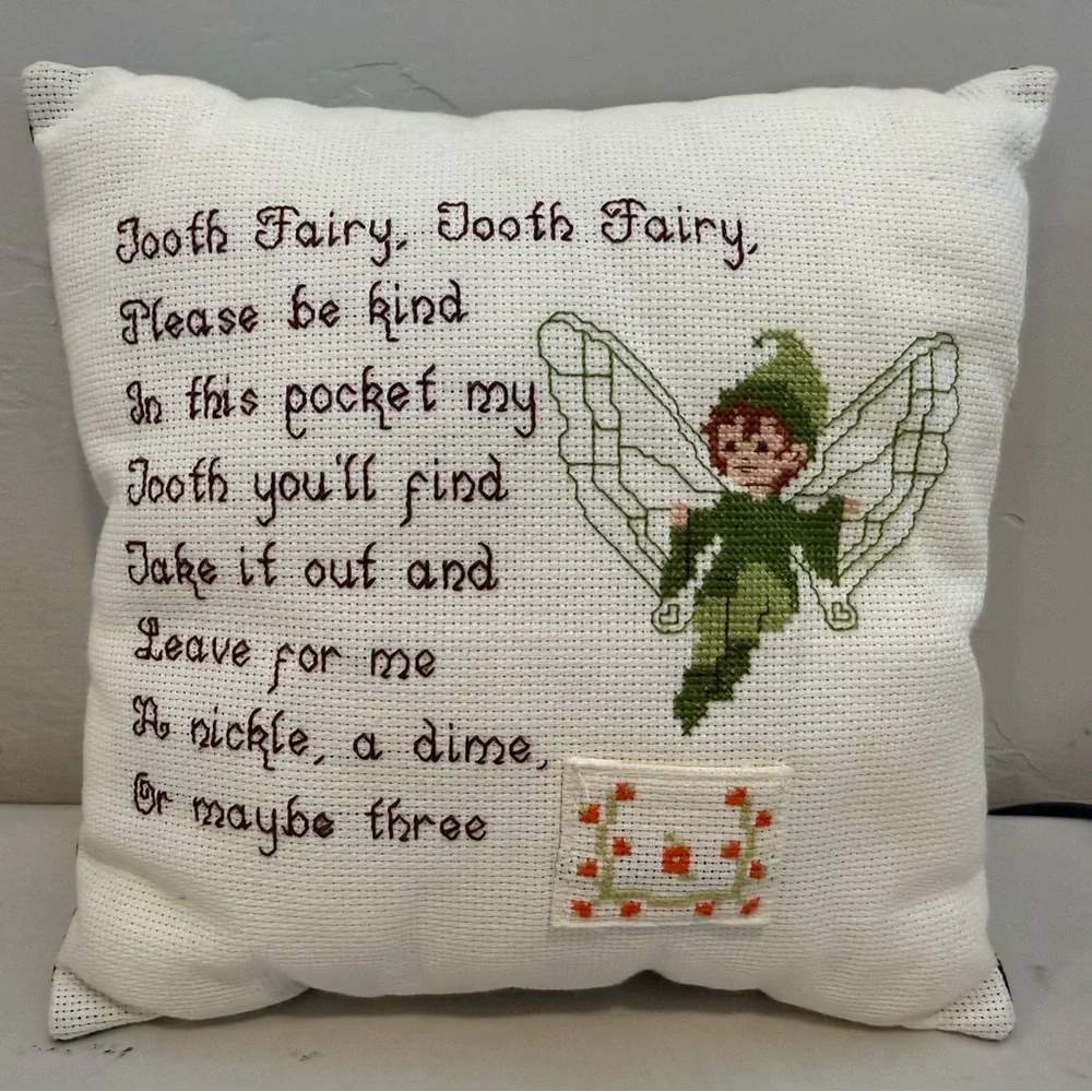 Vintage Hand Cross Stitched‎ Tooth Fairy Pillow (10
